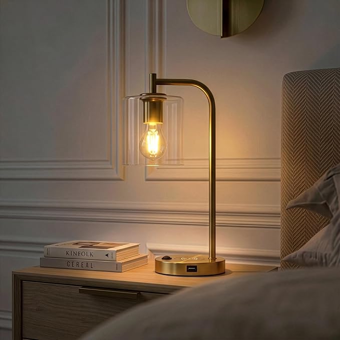 Brightech Elizabeth Table Lamp with Wireless Charging Pad and USB Port, Bedside Reading Lamp, Vintage Brass Gold Desk Lamp, Nightstand Lamp with LED Bulb for Bedroom, Living Room, Office