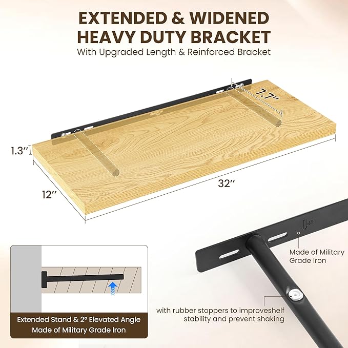 Dreamland 32" Floating Shelves for Wall, 12" Deep Slim Oak Floating Shelves, Wall-Mounted Shelves for Bedroom, Living Room, Kitchen, Bathroom - Set of 2