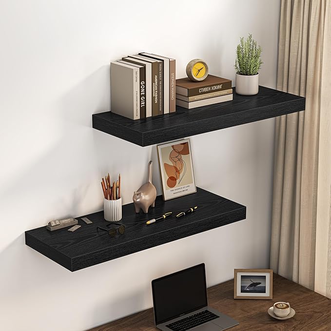 Dreamland 36" Floating Shelves for Wall, 12" Deep Thicker Black Floating Shelves, Wall-Mounted Shelves for Bedroom, Living Room, Kitchen, Bathroom - Set of 2