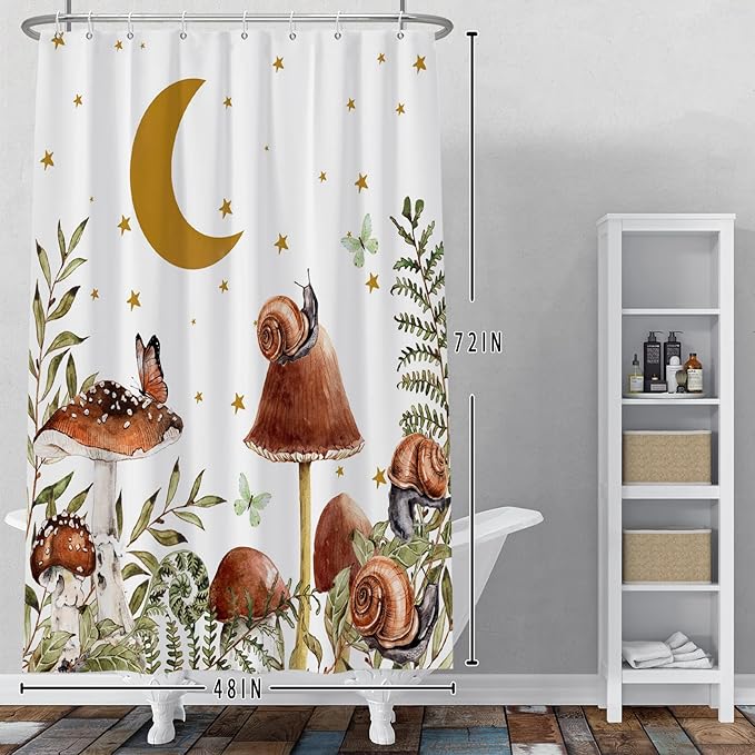 Baocicco Mushroom Shower Curtain Cute Retro Mushrooms Butterfly Snails Botanical Moon Stars Shower Curtains Decorative for Bathroom Waterproof Fabric Shower Curtain with Hooks 48x72 Inches
