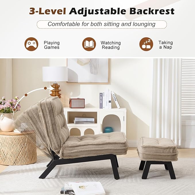 ANJ Accent Chair with Ottoman Adjustable Backrest, Khaki Living Room Chair Tufted Upholstered Lounge Chair with Footrest Set, Modern Chair Cozy Reclining Chair for Reading Room Bedroom