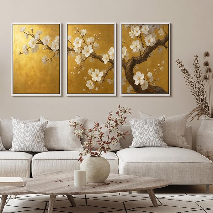 wall26 Framed Canvas Print Wall Art Set Golden Cherry Blossom Tree Elegant Floral Illustrations Fine Art Decorative Rustic for Living Room, Bedroom, Office - 16"x24"x3 White