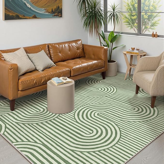 Lahome Modern 8x10 Area Rugs, Non-Slip Soft Green Rugs for Living Room,Ultra-Thin Bedroom Rug Washable,Non-Shedding Large Carpet for Office Dining Room Kids Playroom Alba(8'X10',Green)