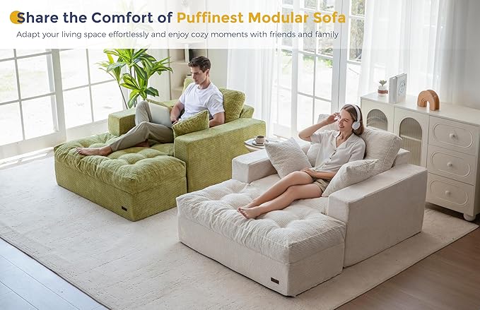MAXYOYO Oversized Chaise Lounge Sofa, Upholstered Lounge Chair with 3 Pillows, Tufted Boneless Sofa Couch with Ottoman, Deep Seat Sofa Chair for Living Room, Bedroom, No Assembly, Beige