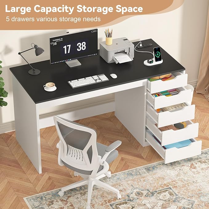 YOMILUVE 47 Inch Computer Desk with 5 Drawers and Power Outlets, Home Office Desks with Storage File Cabinet, Modern Simple Laptop Desk Writing Table for Small Spaces, Black and White