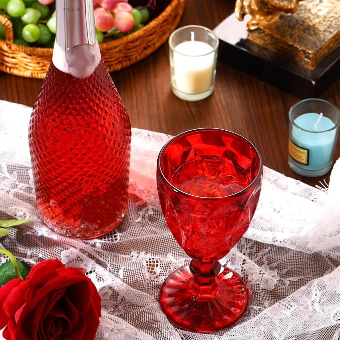 Yinder Glass Goblet Vintage Wine Goblet Embossed Glassware 10 oz Solid Color Glass Stemmed Cups for Iced Tea Beverage Soda Juice Water Liquor and Party Wedding Bars Restaurants(Red,12 Pack)