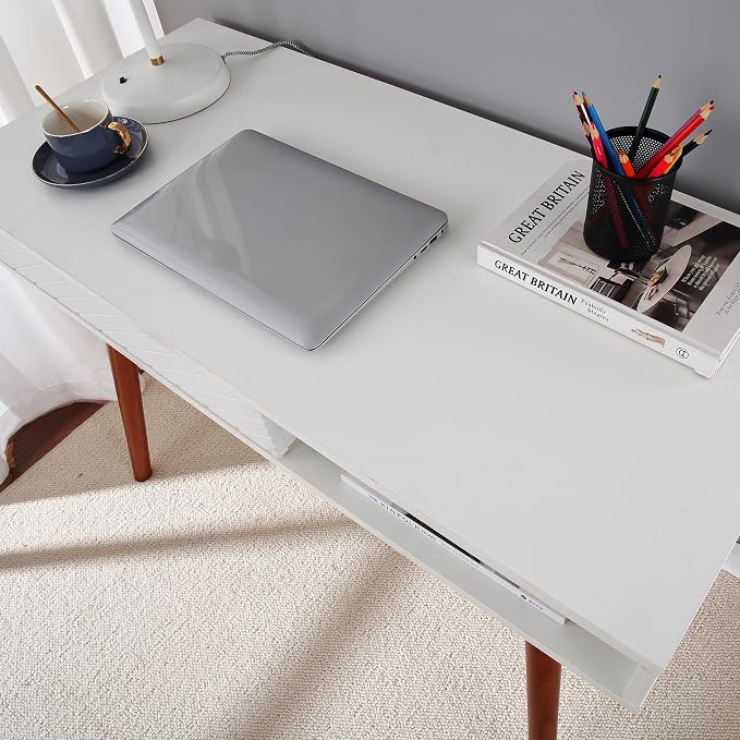 Small White Writing Desk, 42.5 Inch Mid Century Modern Office Desk with Storage, Multifunctional Wooden Study Table Computer Table for Bedroom, Living Room, Home Office