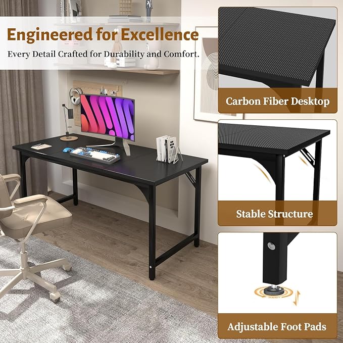 Computer Desk, 55 Inch Home Office Desks, Office Desk for Gaming Writing Study Work, Study Table with Large Legroom, Computer Desk with Metal Frame, Modern Simple Home Office Desk for Bedroom
