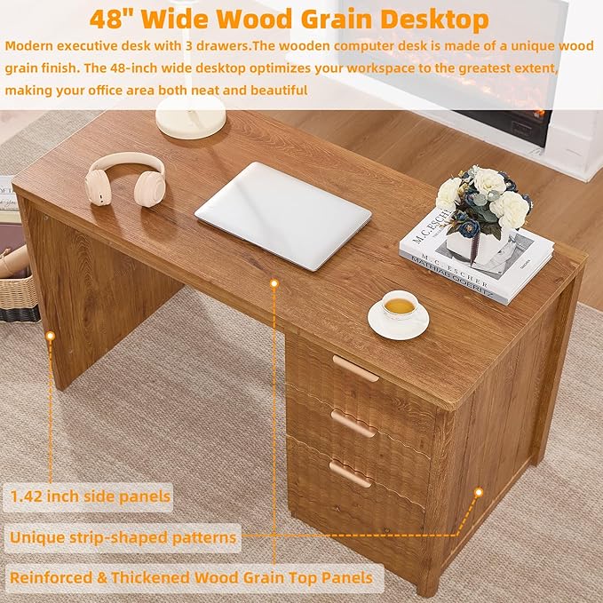 48" Modern Fluted Home Office Desk with Storage Cabinet, Brown Wood Executive Desk with File Drawer & Golden Handles, Large Computer Writing Table for Office,Study, Living Room, Bedroom