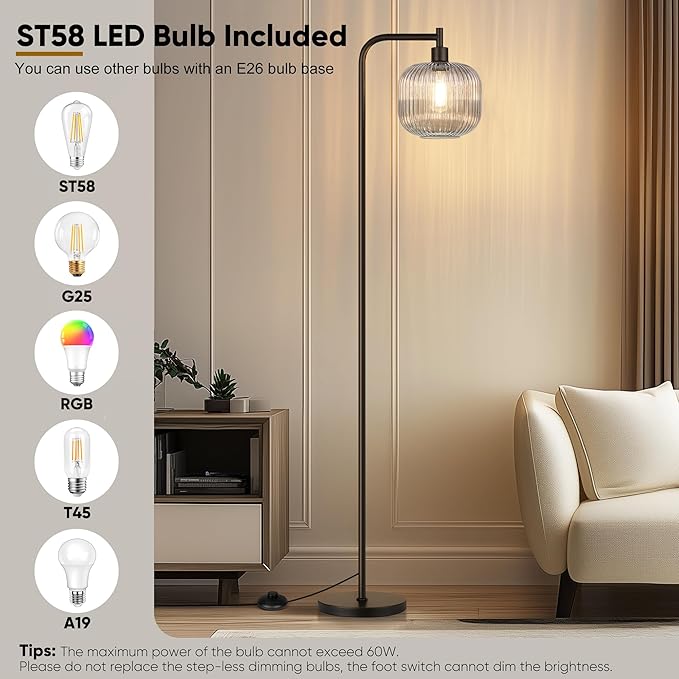 QiMH Glass Floor Lamp for Living Room, Modern Standing Lamp with Ribbed Grey Glass Lampshade Pedal Switch, 67” Tall Lamp for Bedroom Study Room, Black (2700K LED Bulb Included)