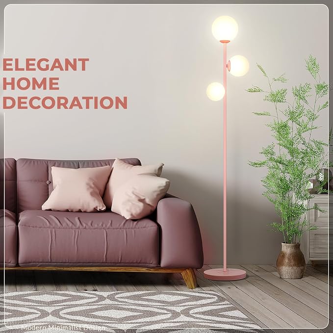 3 Globe Floor Lamp - Mid Century Modern Standing Light with 3 Color Temperatures, LED Bulbs, Frosted Glass Shades for Living Room (Pink)