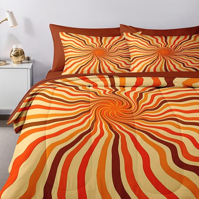 Nesker 7 Pcs Comforter Set Full Size, 70S Retro Vintage Bedding Set for Kids and Adults, Orange Brown 50S Bed Sheet Sets with Fitted Sheet 2 Pillowcases & 2 Shams