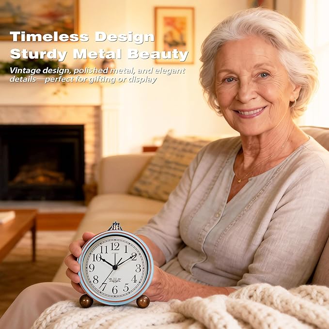 AYRELY® 5.3" Vintage Analog Alarm Clock, Battery Operated Metal Desk Clock, Retro Table Clock with Light for Living Rooms, Bedrooms, Shelf, Home Decor(Light Blue)