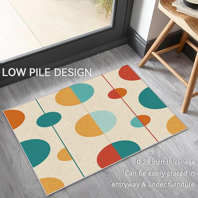 Mid Century Modern Rugs for Bedroom - Washable Colorful Retro Rugs for Living Room - 4x5 ft - Geometric Design Area Rug & Home Decor - Abstract MCM Indoor Carpet with Non Slip Backing