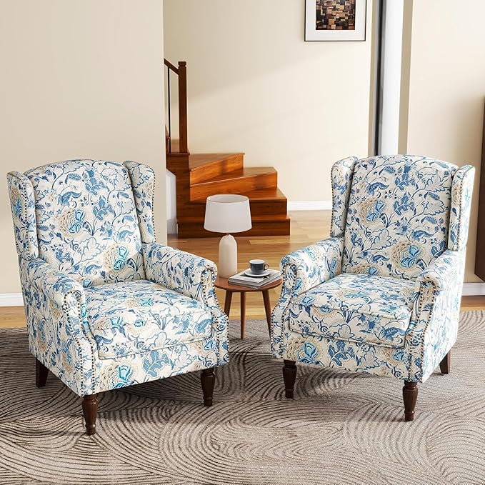 High Back Accent Chairs Set of 2, Floral Wingback Chair Fabric Upholstered Armchair for Living Room, Nailhead Trim Single Sofa Bedroom Reading Seat - Boho Blue