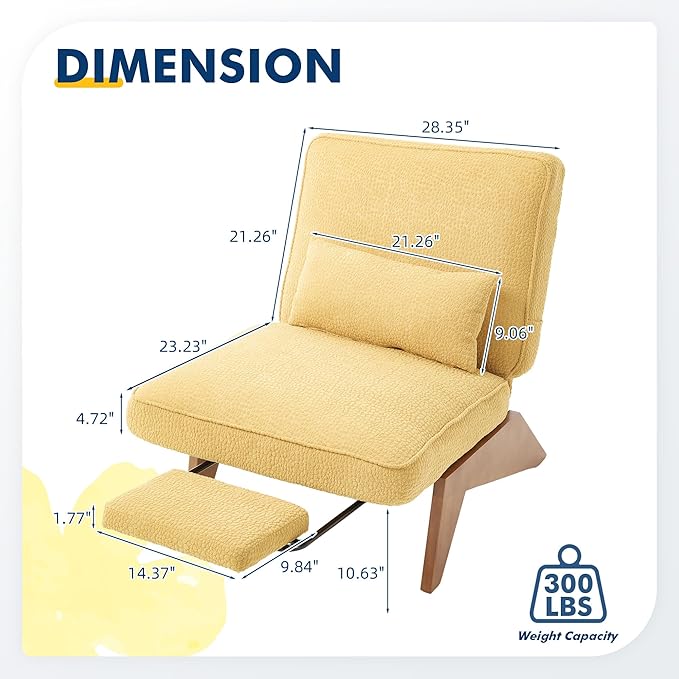 Accent Chair with Ottoman Adjustable Backrest, Stripe Living Room Chair Indoor Lounge Chair with Build-in Footrest Set, Modern Chair Cozy Reclining Chair for Reading Room, Yellow