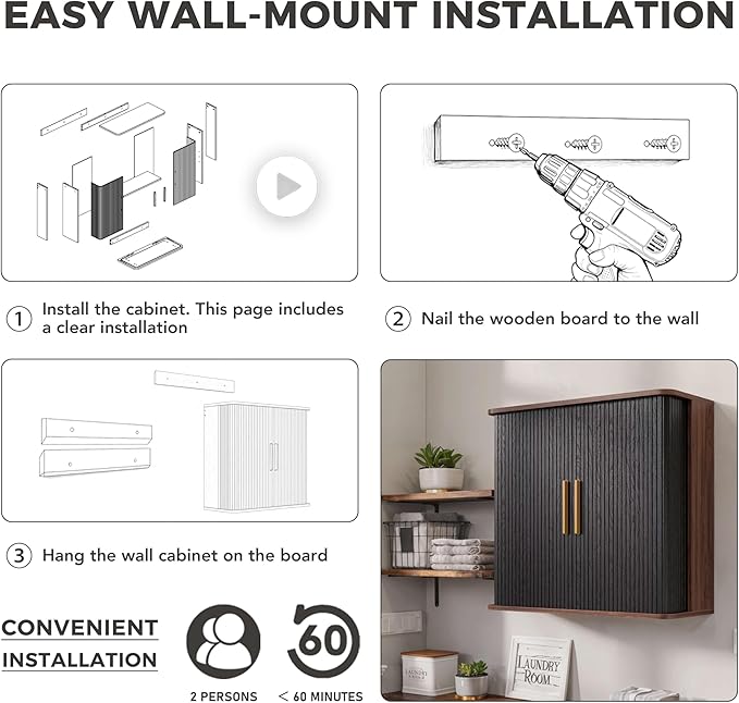 FIMELLO 59" W Laundry Room Cabinets Wall Mounted, Kitchen Wall Cabinet with Sliding Tambour Door, Floating Cabinet for Wall, Upper Cabinets, Hanging Wall Cabinets, Black Walnut