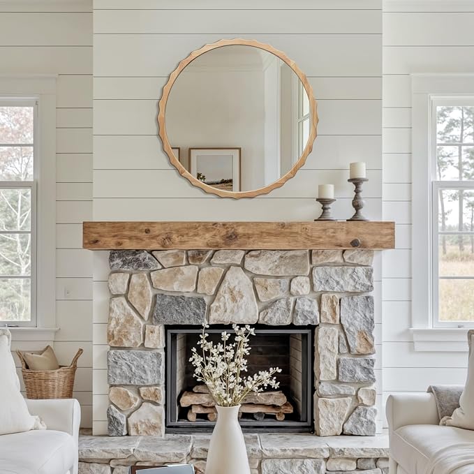 LuxenHome 32" Round Wall Mirror With Natural Rubberwood Scalloped Frame - Wood Wall Decor for Bathroom, Vanity, Entryway, Living Room - Large Accent Circle Mirror
