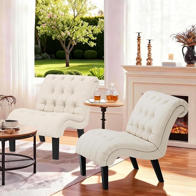 Accent Chairs Set of 2 Mid Century Modern Tufted Upholstered Chair for Living Room Bedroom Curved Armless Side Chairs with Wood Legs Linen Fabric