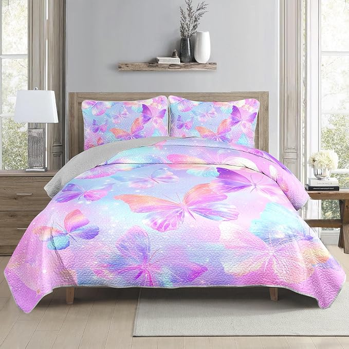 AILONEN Dreamy Pastel Butterfly Twin Quilted Comforter Set 3 Piece, Sparkling Fantasy Bedspread Coverlet with 2 Pillowcases, Magical Bedding for Girls Dorm