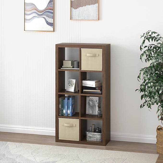 Bookshelf Cube Storage Organizer, 8-Cube Shelf Bookcase with Storage Bin, Modern Wood Open Shelf for Living Room, Bedroom, Home Office, Classic Oak