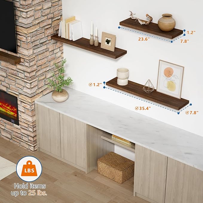 Walnut Brown Floating Shelves 36 Inch 2-Pack, Large Wooden Wall Shelves for Living Room Decor, Long Deep Hanging Shelves for Bedroom Kitchen Bathroom Office Books Pictures (Dark Wood)