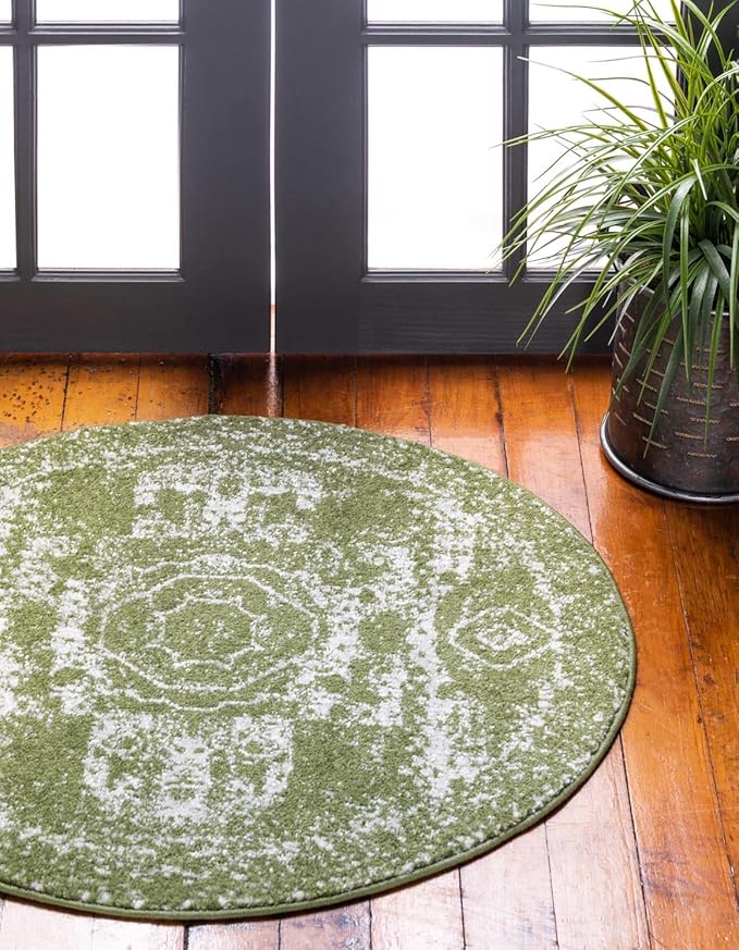Unique Loom Bromley Collection Area Rug - Wells (5' 1" Round Green/Ivory)
