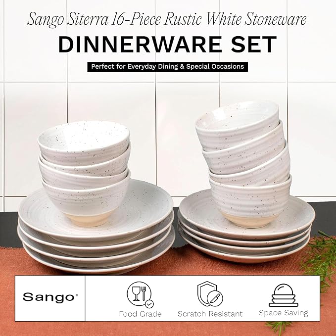Sango Siterra 16-Piece Rustic White Stoneware Dinnerware Set – Service for 4, White with Glossy Speckle Overlay, for Everyday Dining & Entertainment, Microwave & Dishwasher Safe