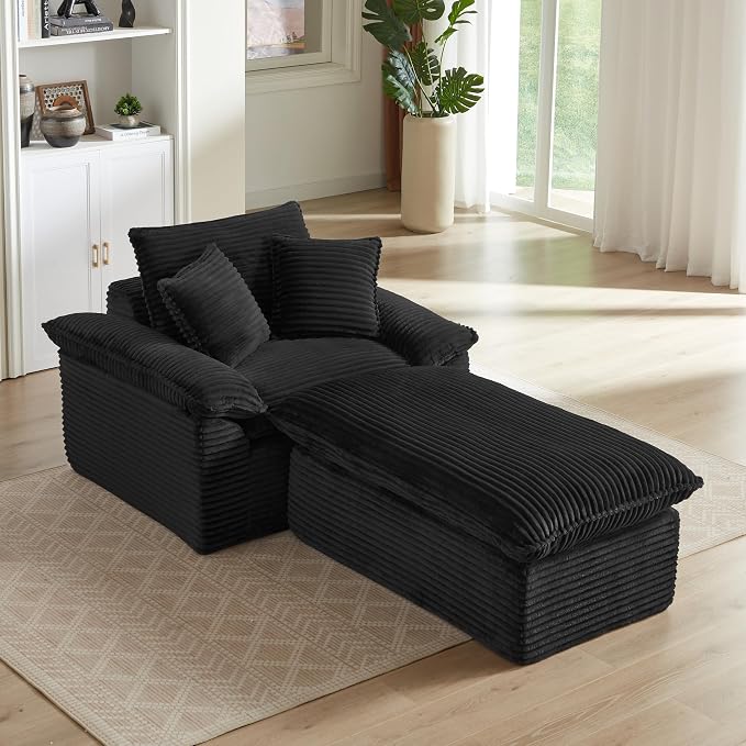 52" Boneless Chaise Lounge – Oversized Chaise Lounge Chair Indoor with Ottoman, Cup Holder & 3 Pillows, Corduroy 3-in-1 Floor Sleeper Chair Bed for Adults, Reading, Napping,Black | Breathable Material