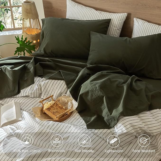 MooMee Bedding Sheet Set 100% Washed Cotton Linen Like Textured Breathable Durable Soft Comfy (Solid Olive Green, California King)