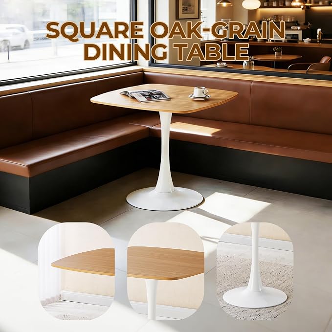 31.5 Inch White and Oak Square Dining Table for 2-4 Person,Mid-Century Oak Tulip Table Kitchen Dining Table with MDF Tabletop and Pedestal Base for Home Kitchen