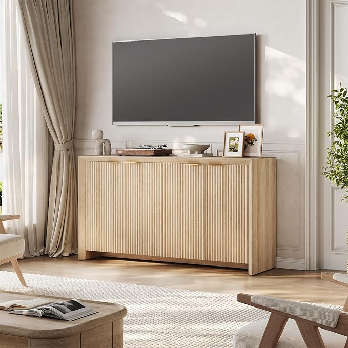 ONBRILL Fluted Sideboard Buffet Cabinet with Storage, Wooden Modern Fluted Sideboard with 4 Doors and 5 Adjustable Shelves, Coffee Bar Table for Dining Room, Hallway, Kitchen (Natural Oak)