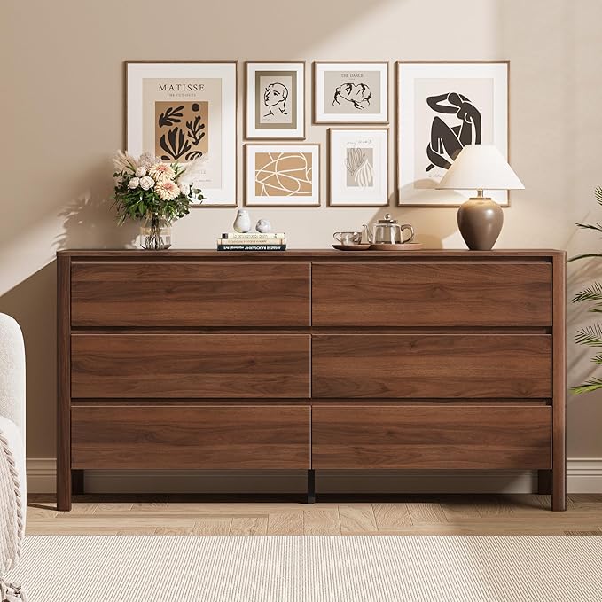 Walnut Dresser for Bedroom, 55.1" Wide Dresser with 6 Drawers and Hidden Handles, Modern Wood Chest of Drawers for Clothes and Accessories, Stylish Storage Cabinet for Living Room, Entryway