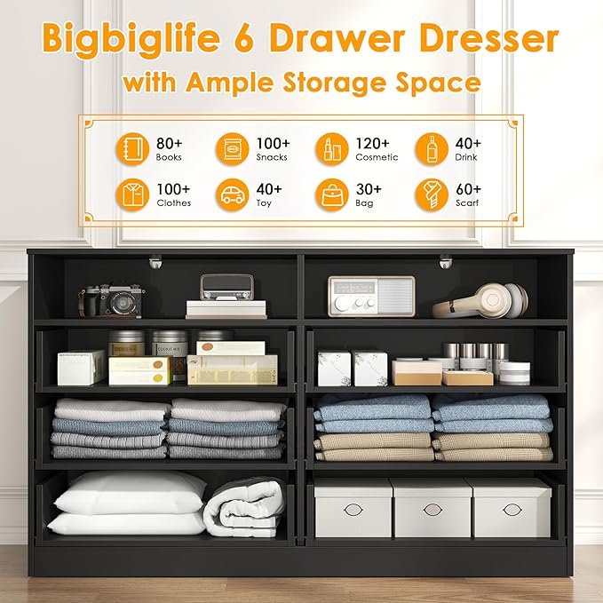 Bigbiglife 6 Drawers Dresser for Bedroom with Open Storage Cubby, Double Wide Dresser Organizer for Bedroom, Living Room, Entryway, Hallway (Black)