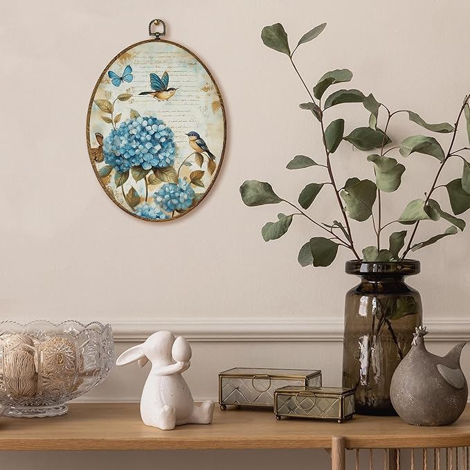 AEHIE Vintage Hydrangea Oval Wall Art Decor, Cottagecore Blue Bird Butterfly Canvas Artwork Framed, Rustic Country Floral Botanical Oval Wall Art for Home Bedroom Living Room Decor, 11x8.5 Inches