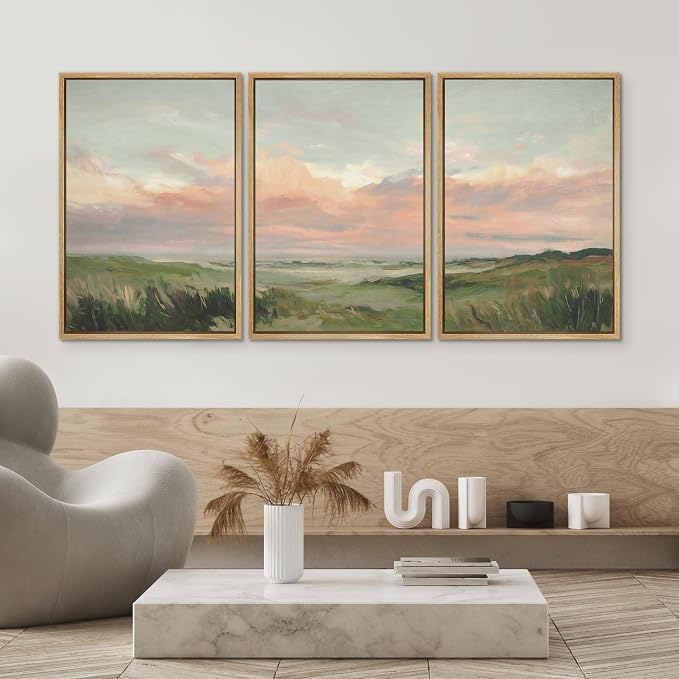 SIGNWIN Framed Canvas Print Wall Art Set Pastel Coastal Sunset Over Dune Grass Illustrations Modern Art Decorative Chic Calm/Zen for Living Room, Bedroom, Office - 16"x24"x3 NATURAL