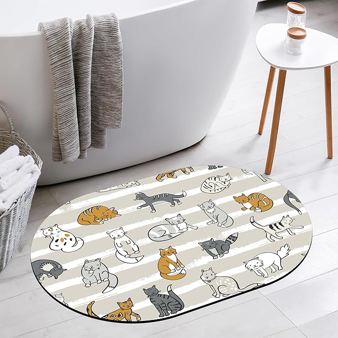 Cute Cartoon Cats Diatomaceous Mud Bath Mat Grey Striped Oval Soft Wrinkle Free Bathroom Floor Rugs Non-Slip Super Absorbent Fast Drying Bath Rug for Bathroom Kitchen Door Mat 23.6x15.7 Inches