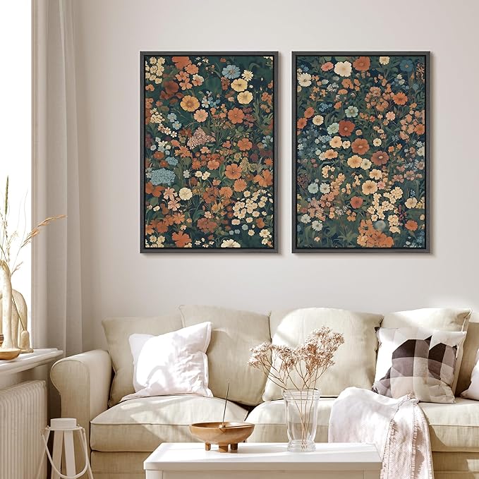 MUDECOR Framed Canvas Print Wall Art Vintage Floral Botanical Colorful Wildflowers Illustrations Modern Art Decorative Bohemian Colorful for Living Room, Bedroom, Office - 24"x36"x2 Black