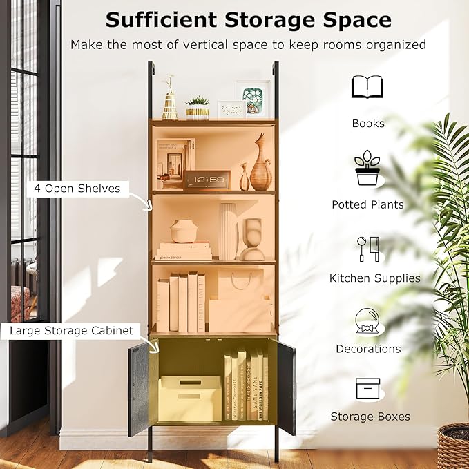 Giantex 72.5" Ladder Bookshelf with Cabinet Set of 2, 5-Tier Tall Wall-Mounted Shelf w/Storage, Modern Style Kitchen Open Shelving Organizer, Heavy-Duty Metal Frame Display Rack for Living Room,Black