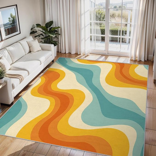 Retro Wavy Rugs for Home Decor, 6x8 ft, Abstract Waves Area Rugs for Living Room, Soft Non Slip Washable 70s Groovy Carpet Bedroom Decorations Dt-Ghf-69