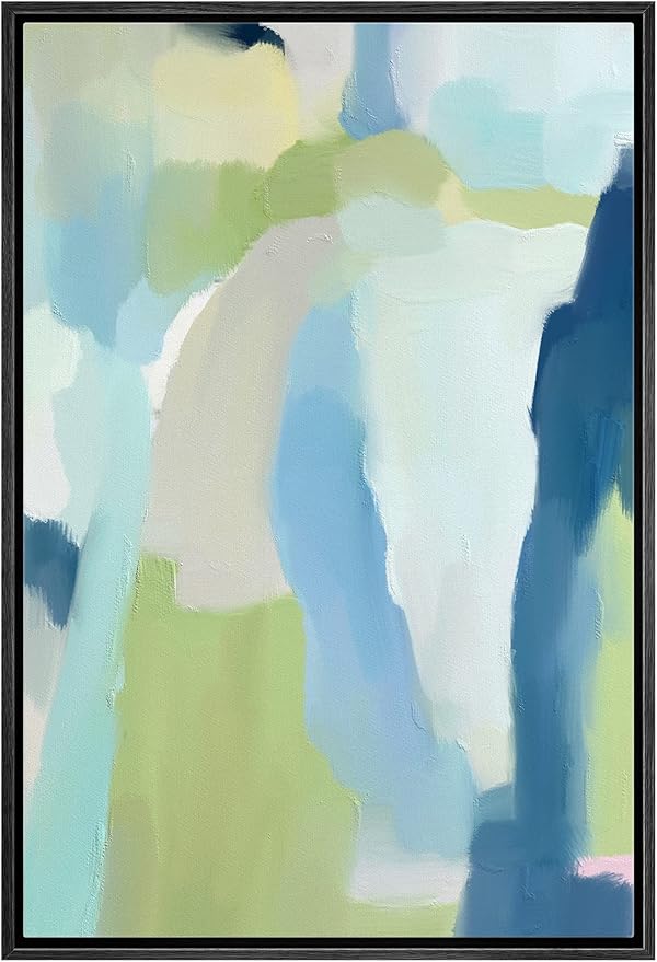 MUDECOR Framed Canvas Print Wall Art Vibrant Green Blue Pastel Watercolors Abstract Shape Illustrations Modern Art Decorative Bohemian Colorful Chic for Living Room, Bedroom, Office - 24"x36" Black