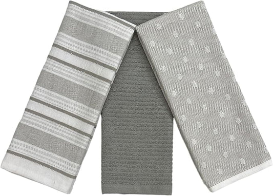 Grey White Kitchen Hand Dish Towels: Oversized 28" x 16",100% Cotton Cloth Soft Cleaning Drying Absorbent Gray Striped Solid Polka Dot Design, Set of 3 Multipurpose for Everyday Use (Grey Austin)