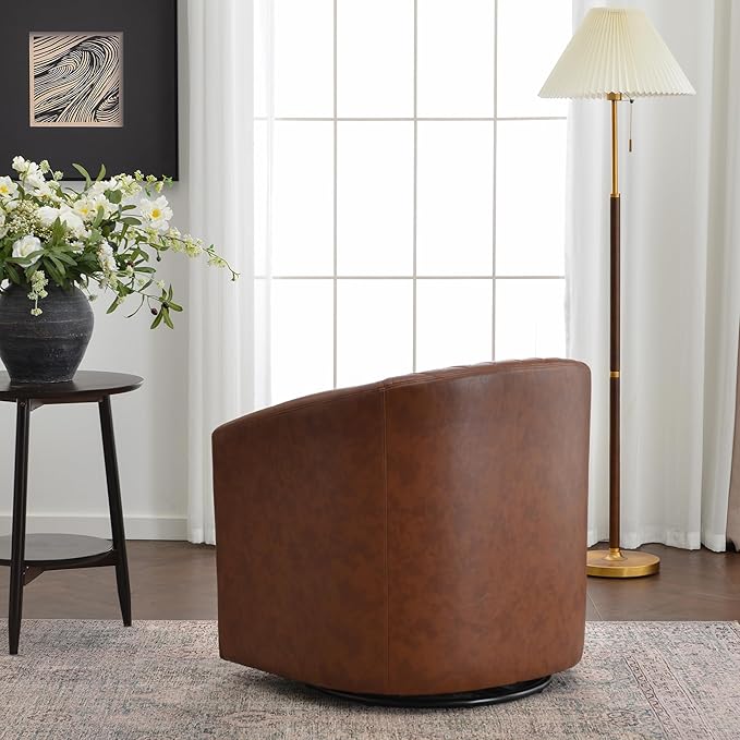 KINWELL 29" Wide Tufted Faux Leather Accent Chair, Small Swivel Barrel Chair, Modern Round PU Leather Upholstered Armchair with Nailhead Trim for Living Room Apartment, Brown