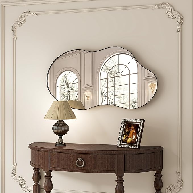 SHYFOY Asymmetrical Wall Mirror Decorative, 22"x43" Black Asymmetrical Mirrors with Metal Frame for Wall Decor, Wavy Wall Mirror for Living Room Abstract Mirror