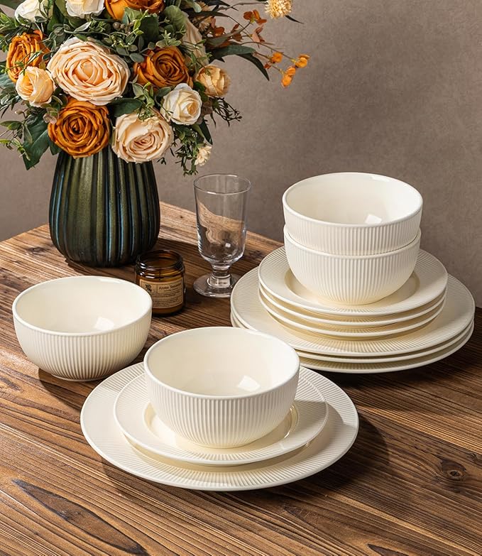 TheTerra Stoneware Dinnerware Sets for 6, 18 Pieces Ceramic Plates and Bowls Sets, Scratch Resistant Embossed Dish Set, Oven, Microwave & Dishwasher Safe, Beige