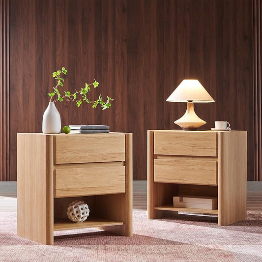 25" Tall Modern Nightstand Set of 2, 23.6" W Nightstand with Charging Station & 2 Storage Drawers & Open Shelf, Wood Night Stand w/Rounded Corner Design for Bedroom, Living Room (Natural)