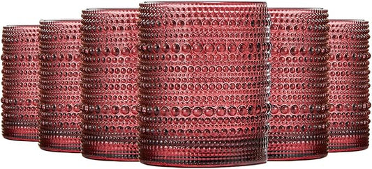 Khen Ruby Red Hobnail Drinking Tumbler | Set of 6 | 11 OZ Bubble Design Vintage Glassware, Beverage Glasses Bubble Water, Wine, Old Fashioned Cocktail, Whiskey Rocks Glass Cup