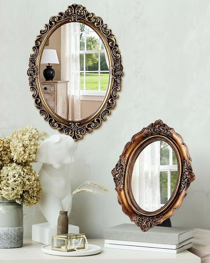 Wonderjune 3 Pcs Vintage Gold Mirror Set for Wall Decorative Resin Frame Ornate Antique Hanging and Tabletop Mirror for Home Dresser Gallery Decor Photography Props Gift (Retro Style)