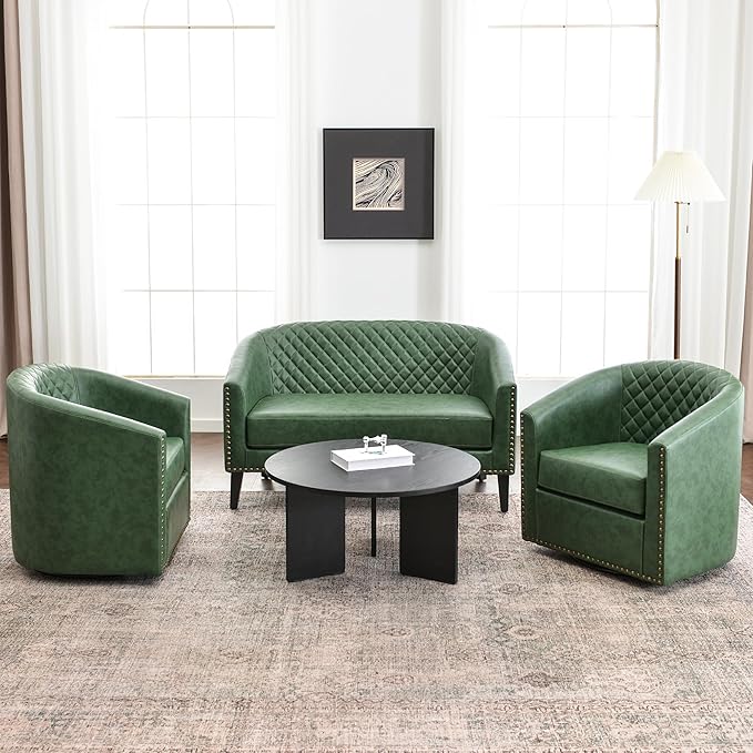 KINWELL 29" Wide Tufted Faux Leather Swivel Barrel Chair Set of 2, PU Leather Modern Upholstered Accent Chairs with Nailhead Trim, Small Armchair for Living Room Bedroom, Green