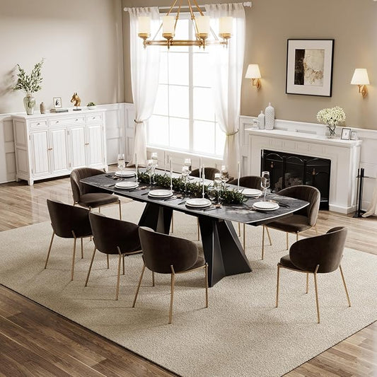 Extendable Dining Table with Leaf, 65"-95" Rectangular Sintered Stone, Marble-Look Top, Seats 6-12, Metal Base, Easy-Clean, Heat & Scratch Resistant, Dining Room/Kitchen Table for Family Gatherings